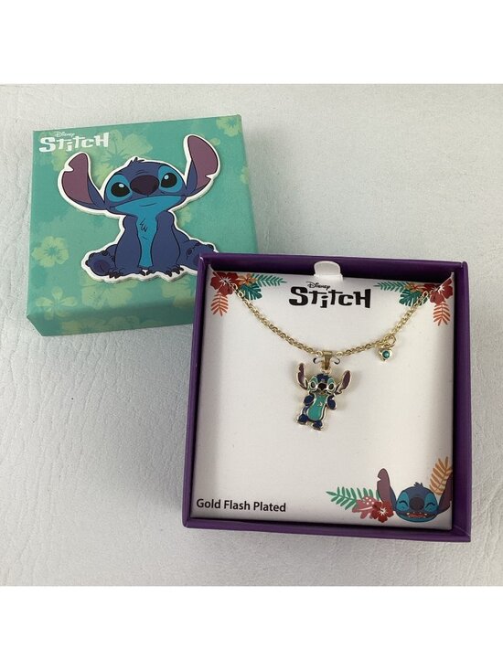 Disney Jewelry - Disney Lilo & Stitch Gold Flash Plated Enamel Pendant Necklace Blue Crystal NIB